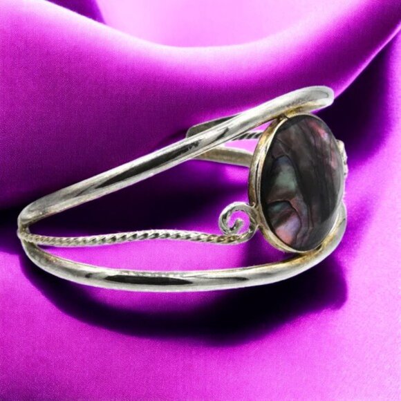 Vintage Abalone Circle Split Cuff Alpaca Mexico Silver Tone Bracelet - Picture 3 of 3